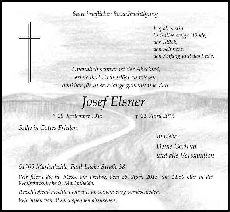  Traueranzeige für Josef Elsner vom 24.04.2013 aus Kölner Stadt-Anzeiger / Kölnische Rundschau / Express