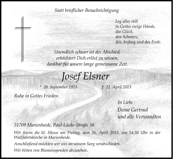 Anzeige von Josef Elsner von Kölner Stadt-Anzeiger / Kölnische Rundschau / Express