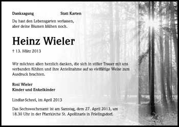 Anzeige von Heinz Wieler von Kölner Stadt-Anzeiger / Kölnische Rundschau / Express