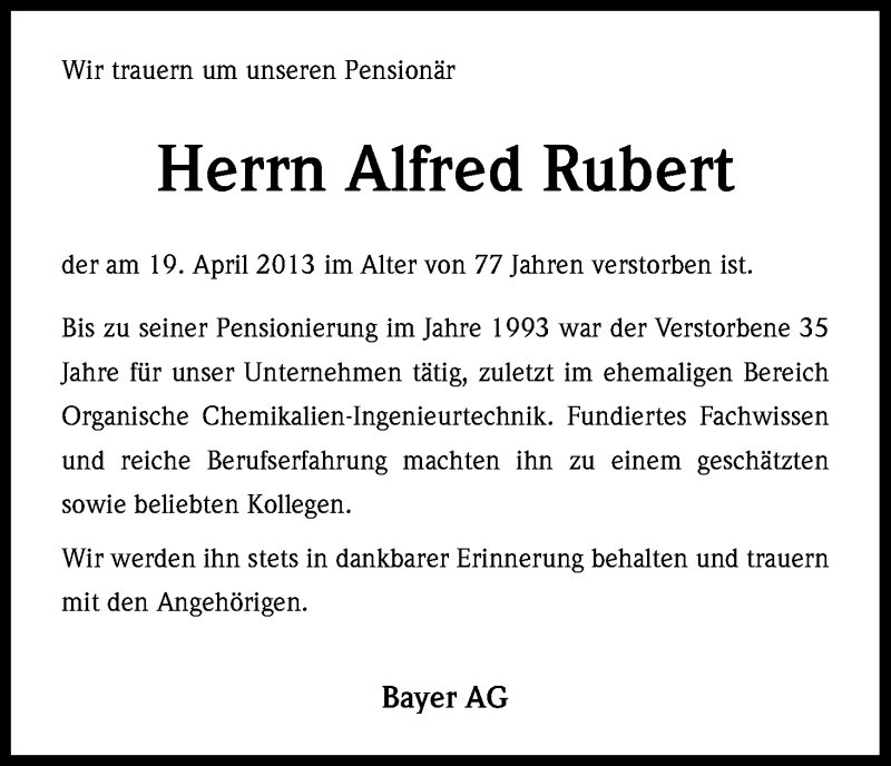  Traueranzeige für Alfred Rubert vom 25.04.2013 aus Kölner Stadt-Anzeiger / Kölnische Rundschau / Express