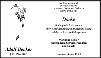Anzeige von Adolf Becker von Kölner Stadt-Anzeiger / Kölnische Rundschau / Express