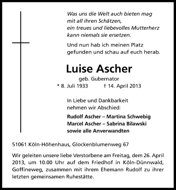 Anzeige von Luise Ascher von Kölner Stadt-Anzeiger / Kölnische Rundschau / Express