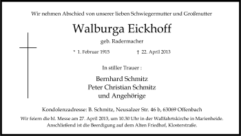 Anzeige von Walburga Eickhoff von Kölner Stadt-Anzeiger / Kölnische Rundschau / Express