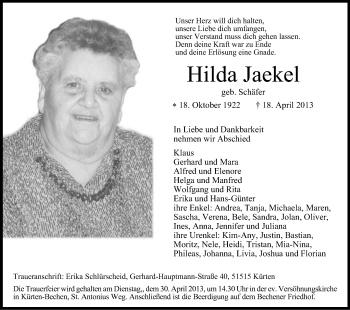 Anzeige von Hilda Jaekel von Kölner Stadt-Anzeiger / Kölnische Rundschau / Express