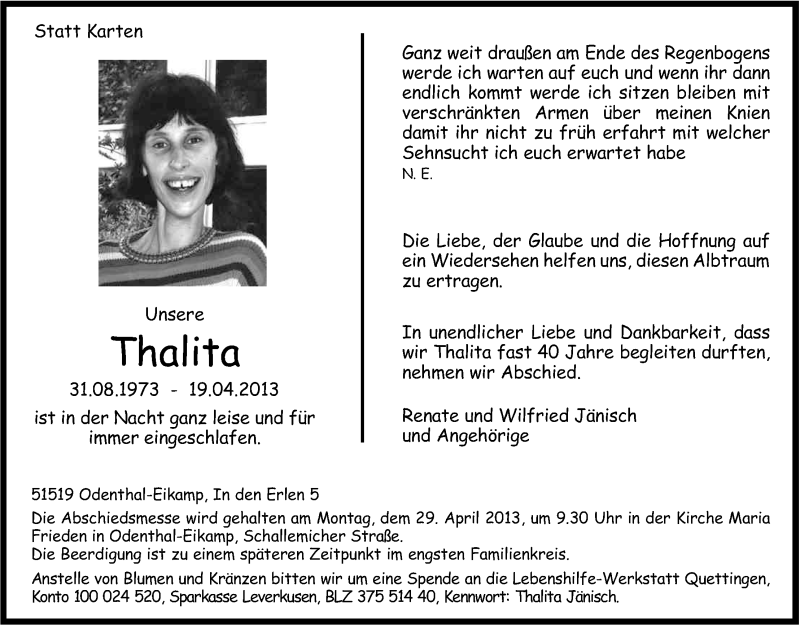  Traueranzeige für Thalita Jänisch vom 25.04.2013 aus Kölner Stadt-Anzeiger / Kölnische Rundschau / Express