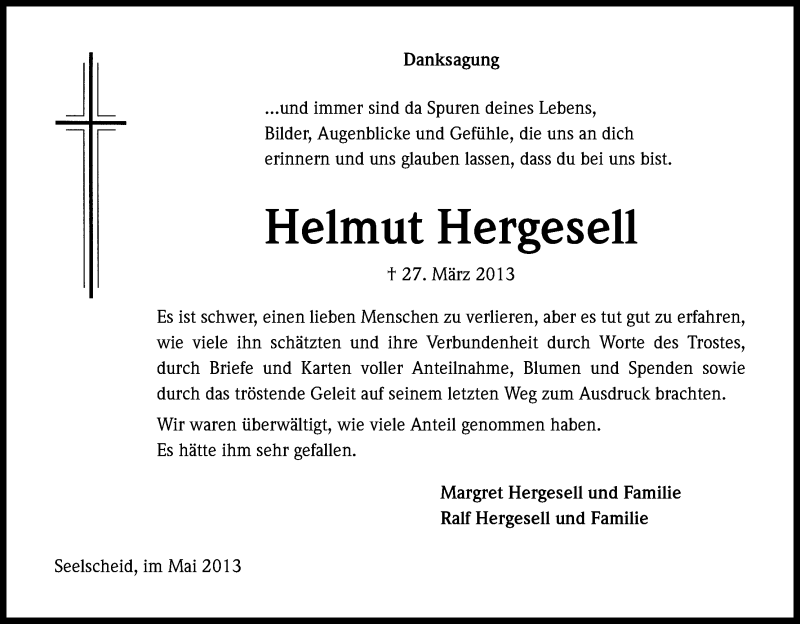  Traueranzeige für Helmut Hergesell vom 08.05.2013 aus Kölner Stadt-Anzeiger / Kölnische Rundschau / Express