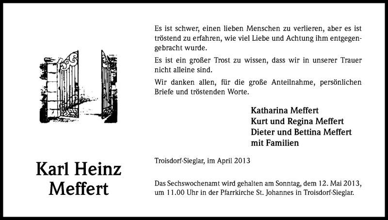  Traueranzeige für Karl Heinz Meffert vom 27.04.2013 aus Kölner Stadt-Anzeiger / Kölnische Rundschau / Express