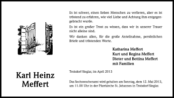 Anzeige von Karl Heinz Meffert von Kölner Stadt-Anzeiger / Kölnische Rundschau / Express