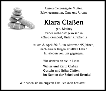 Anzeige von Klara Claßen von Kölner Stadt-Anzeiger / Kölnische Rundschau / Express