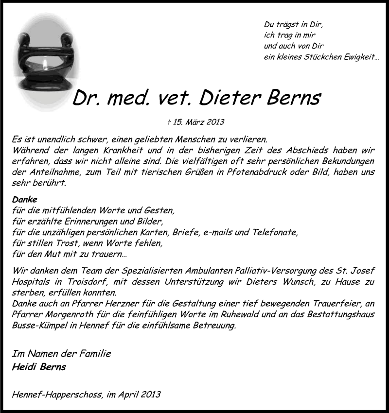  Traueranzeige für Dieter Berns vom 25.04.2013 aus Kölner Stadt-Anzeiger / Kölnische Rundschau / Express
