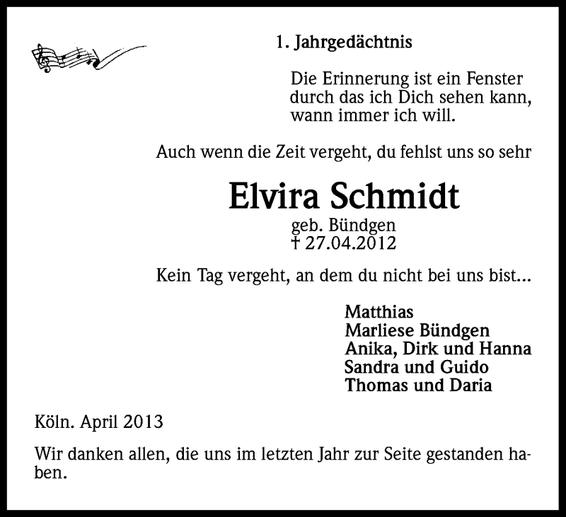  Traueranzeige für Elvira Schmidt vom 27.04.2013 aus Kölner Stadt-Anzeiger / Kölnische Rundschau / Express