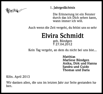 Anzeige von Elvira Schmidt von Kölner Stadt-Anzeiger / Kölnische Rundschau / Express