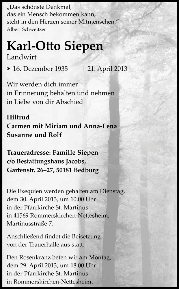  Traueranzeige für Karl-Otto Siepen vom 27.04.2013 aus Kölner Stadt-Anzeiger / Kölnische Rundschau / Express