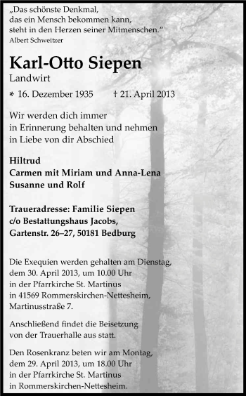Anzeige von Karl-Otto Siepen von Kölner Stadt-Anzeiger / Kölnische Rundschau / Express
