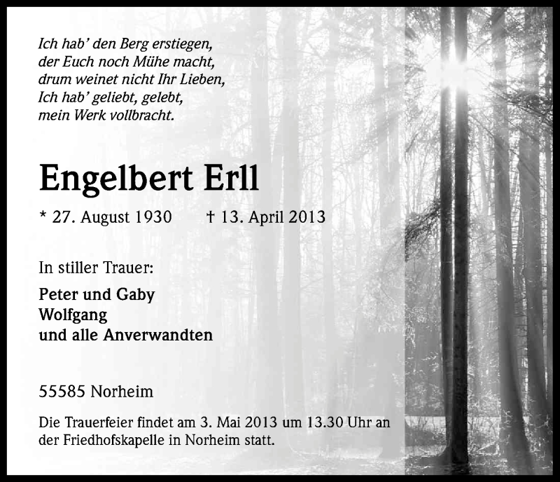  Traueranzeige für Engelbert Erll vom 25.04.2013 aus Kölner Stadt-Anzeiger / Kölnische Rundschau / Express