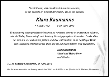 Anzeige von Klara Kaumanns von Kölner Stadt-Anzeiger / Kölnische Rundschau / Express