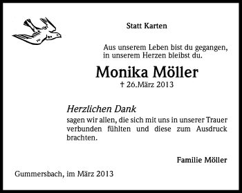 Anzeige von Monika Möller von Kölner Stadt-Anzeiger / Kölnische Rundschau / Express