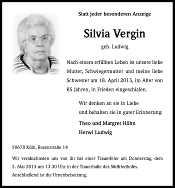 Anzeige von Silvia Vergin von Kölner Stadt-Anzeiger / Kölnische Rundschau / Express