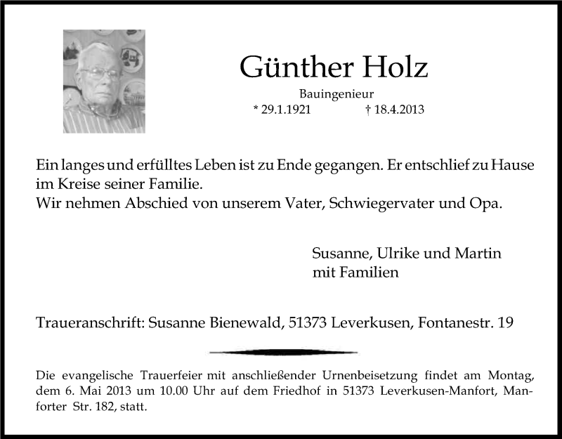 Traueranzeige für Günther Holz vom 27.04.2013 aus Kölner Stadt-Anzeiger / Kölnische Rundschau / Express
