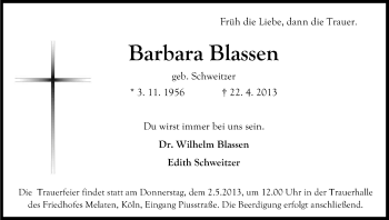 Anzeige von Barbara Blassen von Kölner Stadt-Anzeiger / Kölnische Rundschau / Express