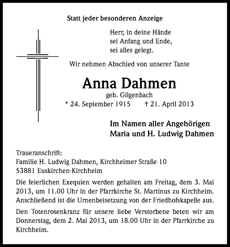  Traueranzeige für Anna Dahmen vom 27.04.2013 aus Kölner Stadt-Anzeiger / Kölnische Rundschau / Express