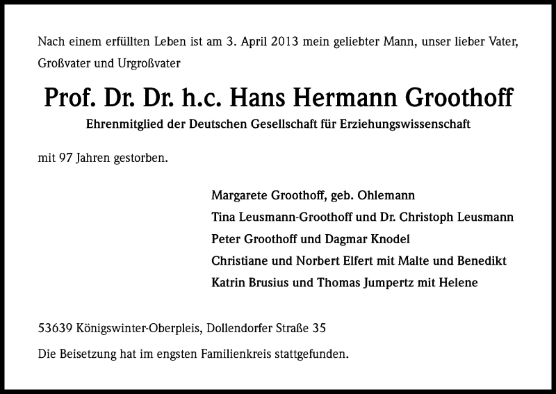 Traueranzeige für Hans Hermann Groothoff vom 27.04.2013 aus Kölner Stadt-Anzeiger / Kölnische Rundschau / Express