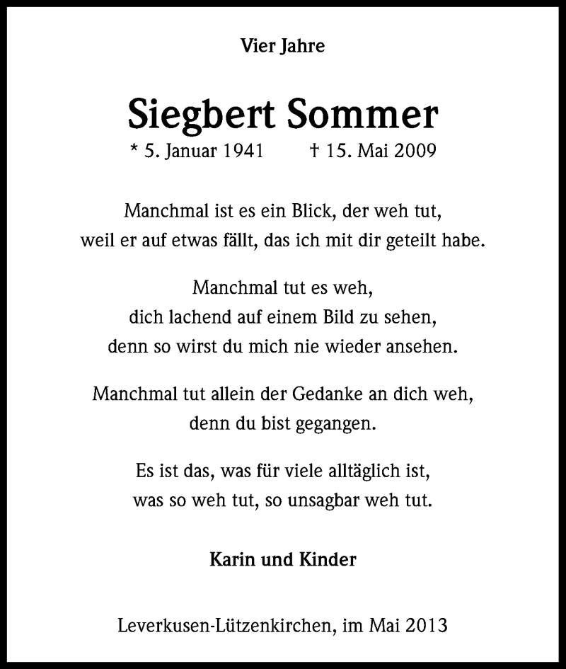  Traueranzeige für Siegbert Sommer vom 15.05.2013 aus Kölner Stadt-Anzeiger / Kölnische Rundschau / Express