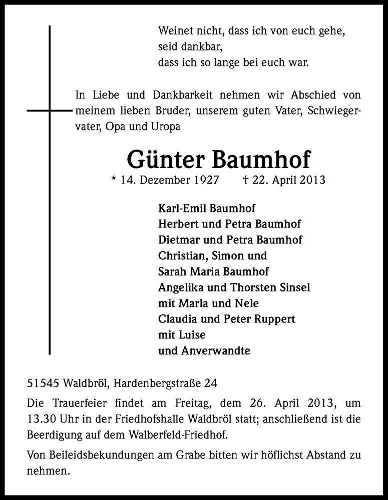  Traueranzeige für Günter Baumhof vom 25.04.2013 aus Kölner Stadt-Anzeiger / Kölnische Rundschau / Express