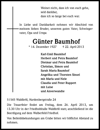Anzeige von Günter Baumhof von Kölner Stadt-Anzeiger / Kölnische Rundschau / Express