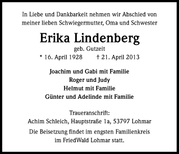 Anzeige von Erika Lindenberg von Kölner Stadt-Anzeiger / Kölnische Rundschau / Express
