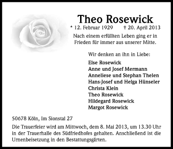 Anzeige von Theo Rosewick von Kölner Stadt-Anzeiger / Kölnische Rundschau / Express