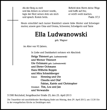 Anzeige von Ella Ludwanowski von Kölner Stadt-Anzeiger / Kölnische Rundschau / Express