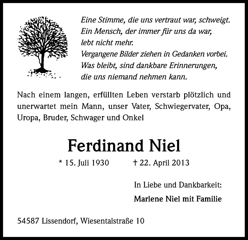  Traueranzeige für Ferdinand Niel vom 27.04.2013 aus Kölner Stadt-Anzeiger / Kölnische Rundschau / Express