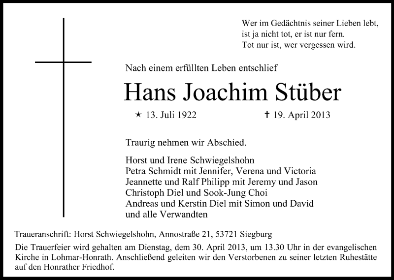  Traueranzeige für Hans Joachim Stüber vom 25.04.2013 aus Kölner Stadt-Anzeiger / Kölnische Rundschau / Express