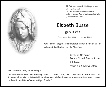 Anzeige von Elsbeth Busse von Kölner Stadt-Anzeiger / Kölnische Rundschau / Express