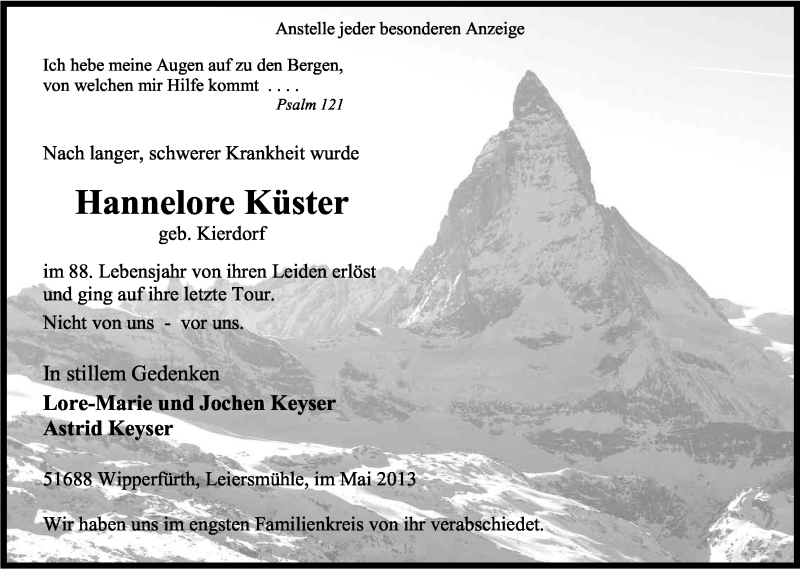  Traueranzeige für Hannelore Küster vom 07.05.2013 aus Kölner Stadt-Anzeiger / Kölnische Rundschau / Express