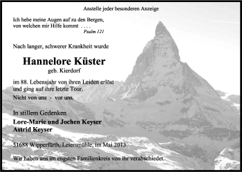 Anzeige von Hannelore Küster von Kölner Stadt-Anzeiger / Kölnische Rundschau / Express