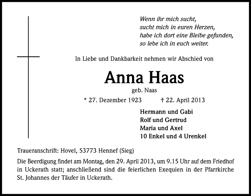 Traueranzeige für Anna Haas vom 25.04.2013 aus Kölner Stadt-Anzeiger / Kölnische Rundschau / Express