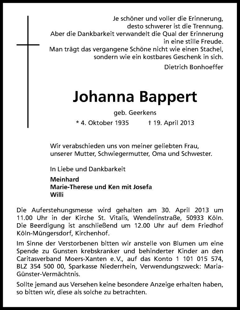  Traueranzeige für Johanna Bappert vom 27.04.2013 aus Kölner Stadt-Anzeiger / Kölnische Rundschau / Express