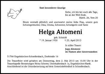 Anzeige von Helga Altomeni von Kölner Stadt-Anzeiger / Kölnische Rundschau / Express