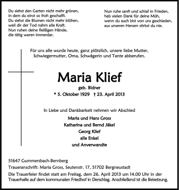 Anzeige von Maria Klief von Kölner Stadt-Anzeiger / Kölnische Rundschau / Express