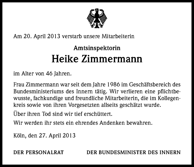  Traueranzeige für Heike Zimmermann vom 27.04.2013 aus Kölner Stadt-Anzeiger / Kölnische Rundschau / Express