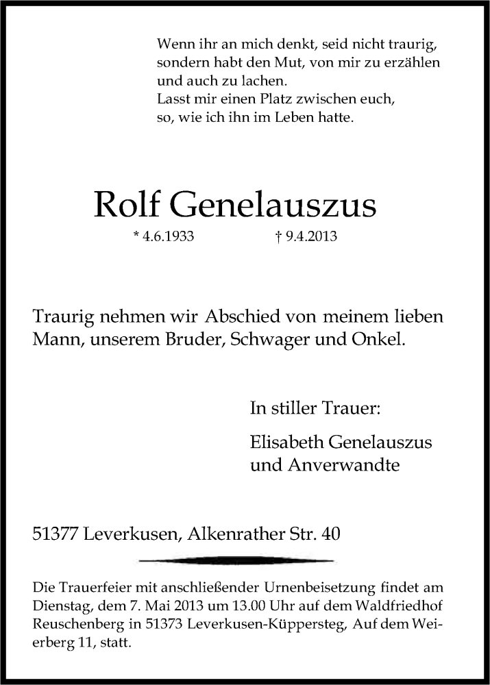  Traueranzeige für Rolf Genelauszus vom 30.04.2013 aus Kölner Stadt-Anzeiger / Kölnische Rundschau / Express