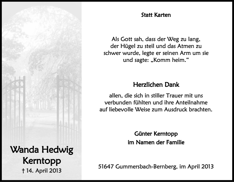  Traueranzeige für Wanda Kerntopp vom 30.04.2013 aus Kölner Stadt-Anzeiger / Kölnische Rundschau / Express