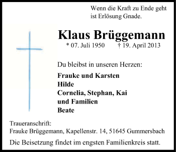 Anzeige von Klaus Brüggemann von Kölner Stadt-Anzeiger / Kölnische Rundschau / Express