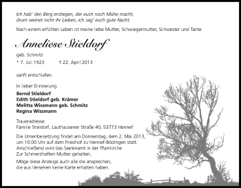 Anzeige von Anneliese Stieldorf von Kölner Stadt-Anzeiger / Kölnische Rundschau / Express