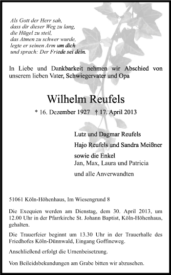 Anzeige von Wilhelm Reufels von Kölner Stadt-Anzeiger / Kölnische Rundschau / Express