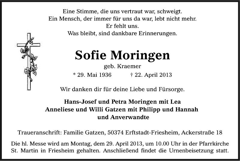  Traueranzeige für Sofie Moringen vom 25.04.2013 aus Kölner Stadt-Anzeiger / Kölnische Rundschau / Express