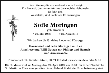 Anzeige von Sofie Moringen von Kölner Stadt-Anzeiger / Kölnische Rundschau / Express