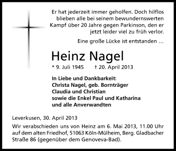 Anzeige von Heinz Nagel von Kölner Stadt-Anzeiger / Kölnische Rundschau / Express